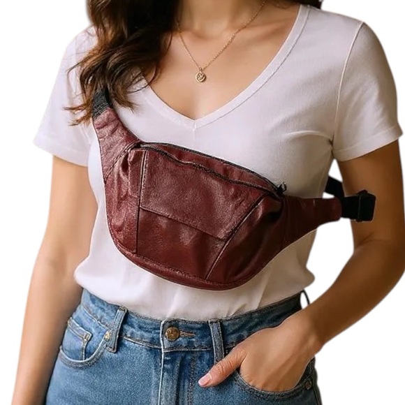 Vintage Retro Burgundy Leather Fanny Pack Travel Waist Bag Fits up to Size 16 - Picture 1 of 8